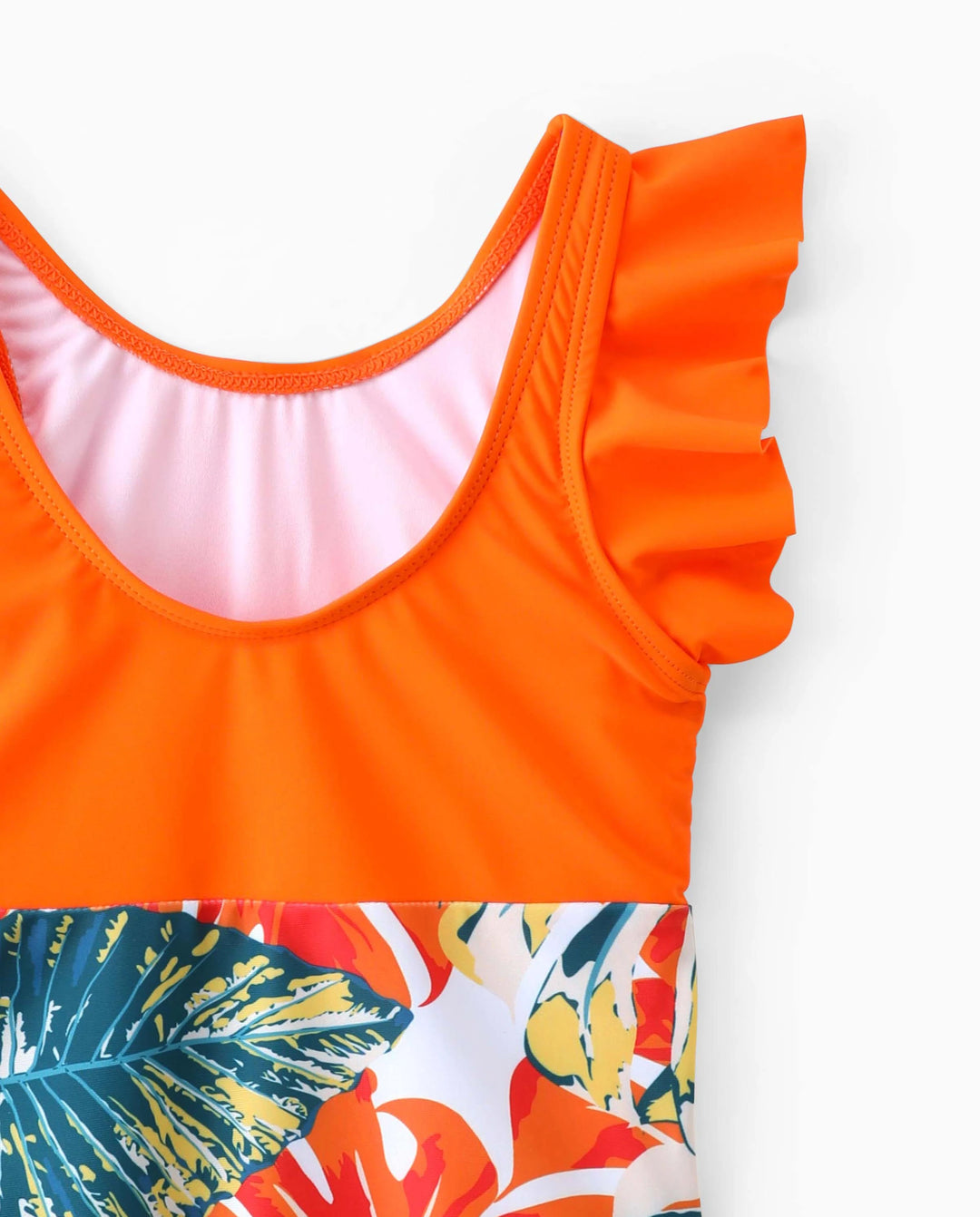 Toddler Girl Orange and All Over Tropical Plant Print Splicing Ruffle One-Piece Swimsuit Orange color
