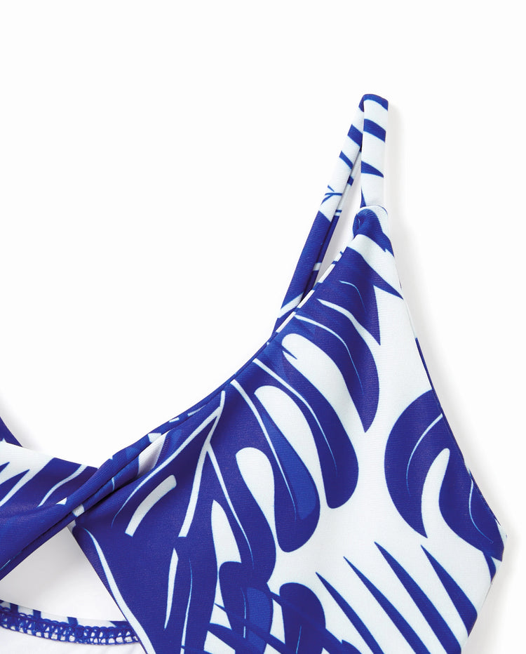 Bañador de una pieza para niña pequeña con estampado de hojas tropicales, tirantes cruzados y recorte Azul