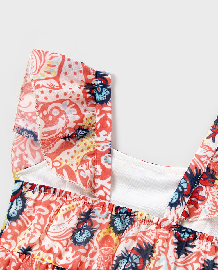 Toddler/Kid Girl Floral Print Flutter Sleeveless Dress Orange red