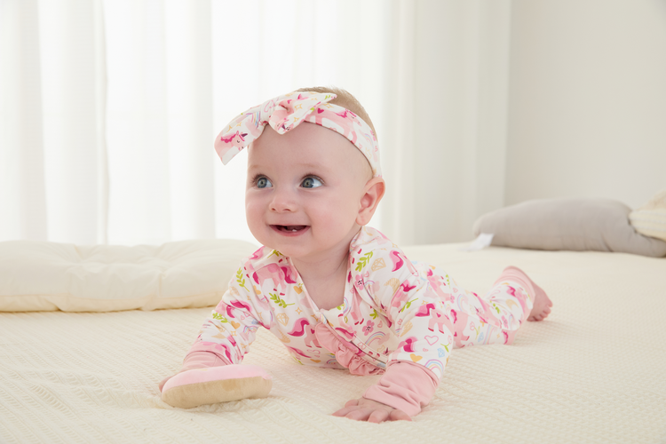 Bamboo Baby Boy/Girl Animal Printed 2-Way Zipper Anti Slip Long-sleeve Footie with/without Hairband Pink