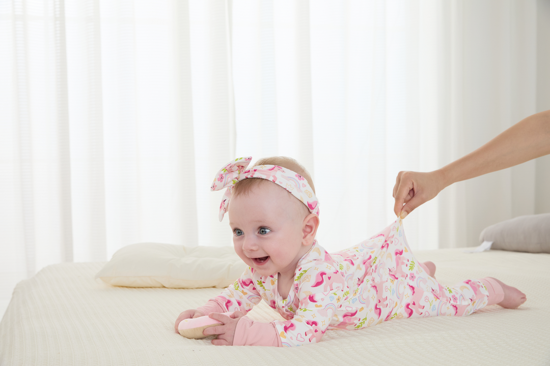 Bamboo Baby Boy/Girl Animal Printed 2-Way Zipper Anti Slip Long-sleeve Footie with/without Hairband Pink