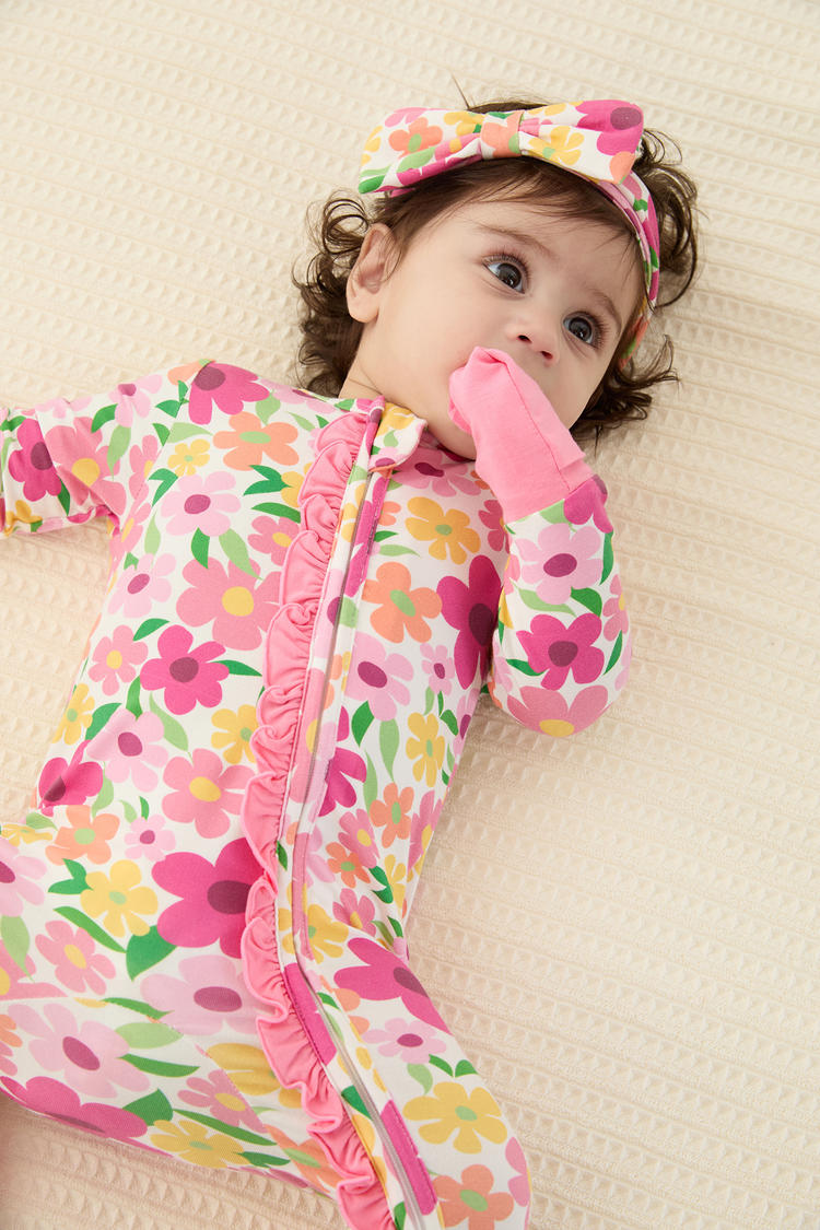 Bamboo Baby Boy/Girl Animal Printed 2-Way Zipper Anti Slip Long-sleeve Footie with/without Hairband Dark Pink