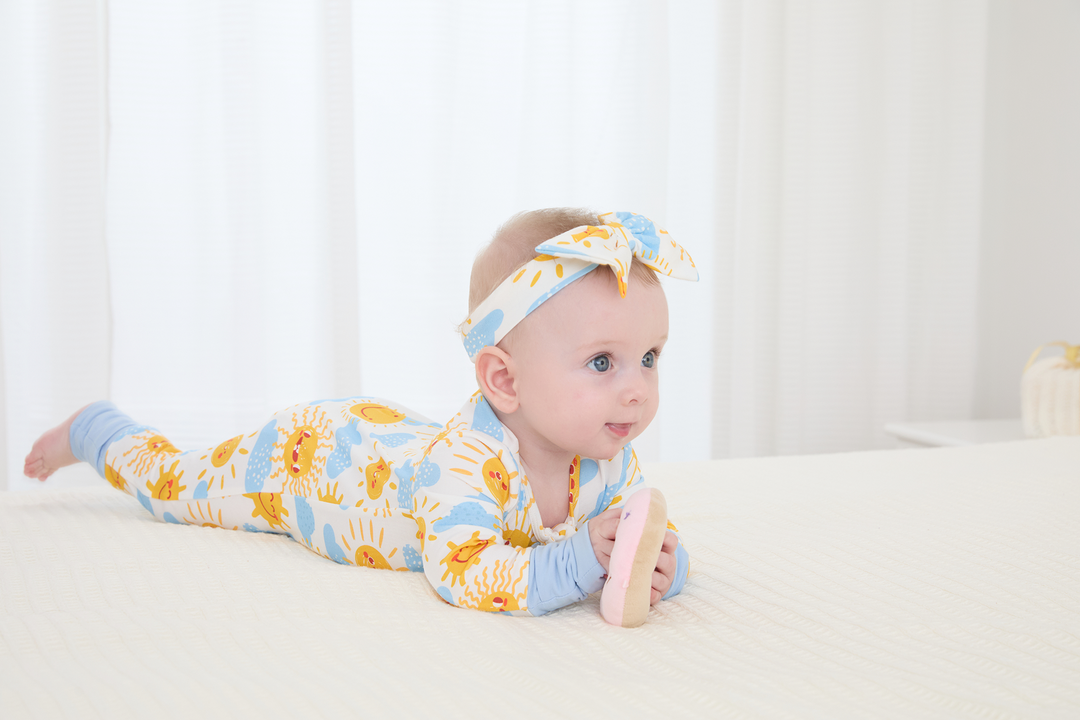 Bamboo Baby Boy/Girl Animal Printed 2-Way Zipper Anti Slip Long-sleeve Footie with/without Hairband Light Blue