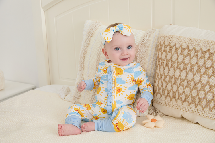 Bamboo Baby Boy/Girl Animal Printed 2-Way Zipper Anti Slip Long-sleeve Footie with/without Hairband Light Blue