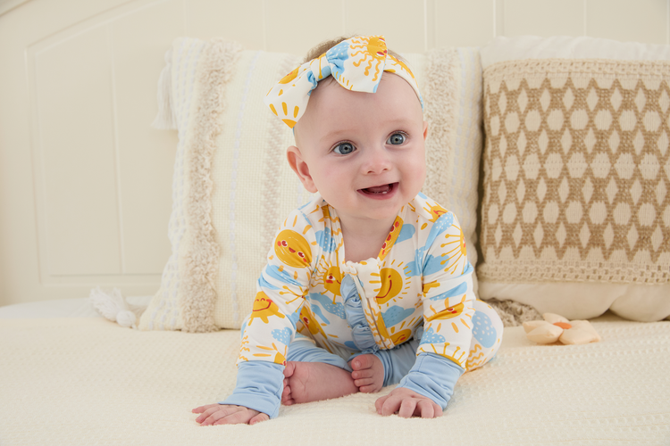 Bamboo Baby Boy/Girl Animal Printed 2-Way Zipper Anti Slip Long-sleeve Footie with/without Hairband Light Blue
