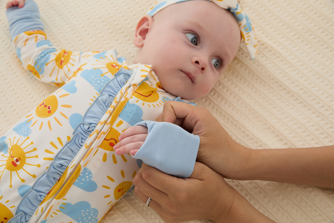 Bamboo Baby Boy/Girl Animal Printed 2-Way Zipper Anti Slip Long-sleeve Footie with/without Hairband Light Blue