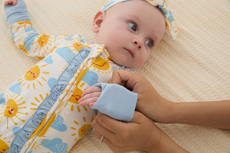Bamboo Baby Boy/Girl Animal Printed 2-Way Zipper Anti Slip Long-sleeve Footie with/without Hairband Light Blue