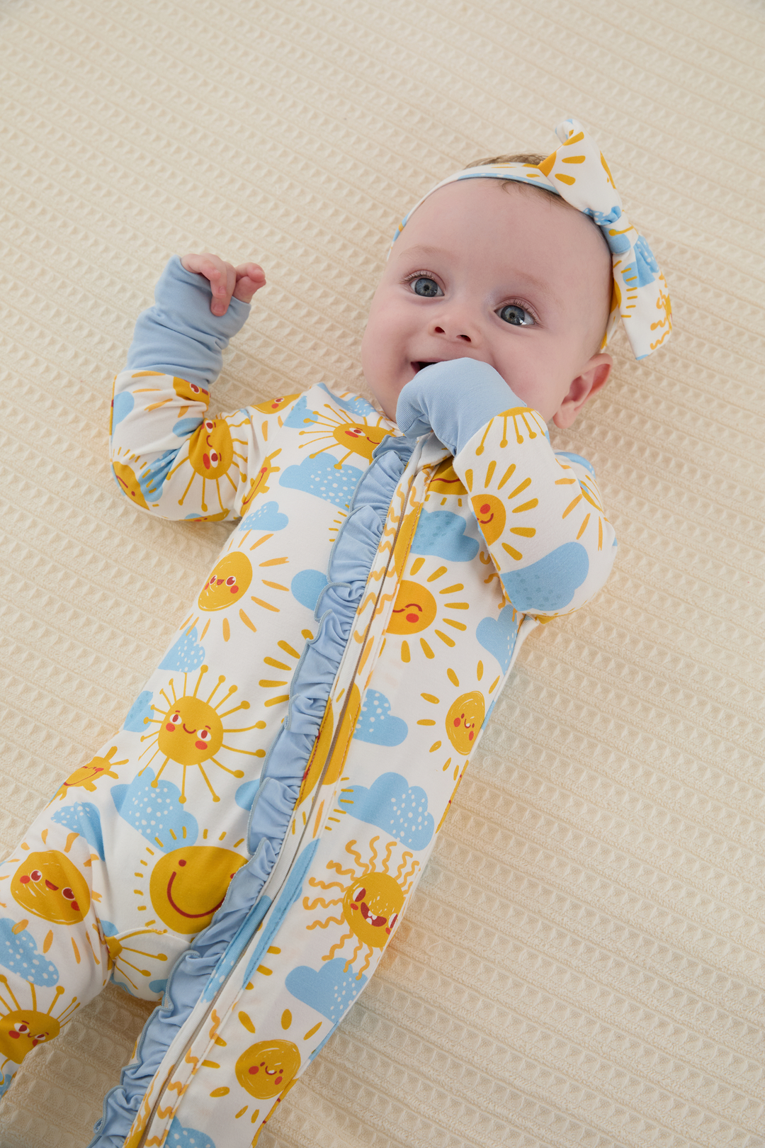 Bamboo Baby Boy/Girl Animal Printed 2-Way Zipper Anti Slip Long-sleeve Footie with/without Hairband Light Blue