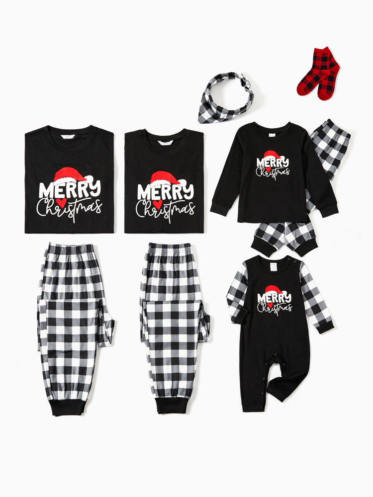 Ensemble pyjama de Noël à manches longues et imprimé lettres phosphorescentes avec chaussettes de Noël noires et blanches