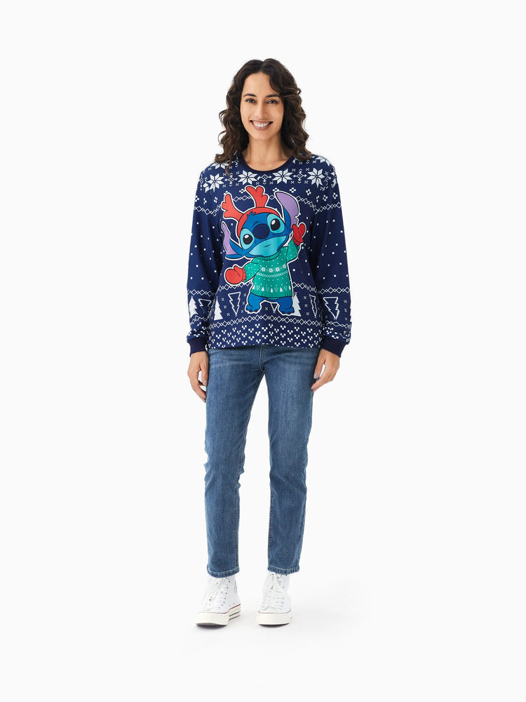 Haut à manches longues assorti Disney Stitch Family à motif flocon de neige et personnages de Noël, bleu roi