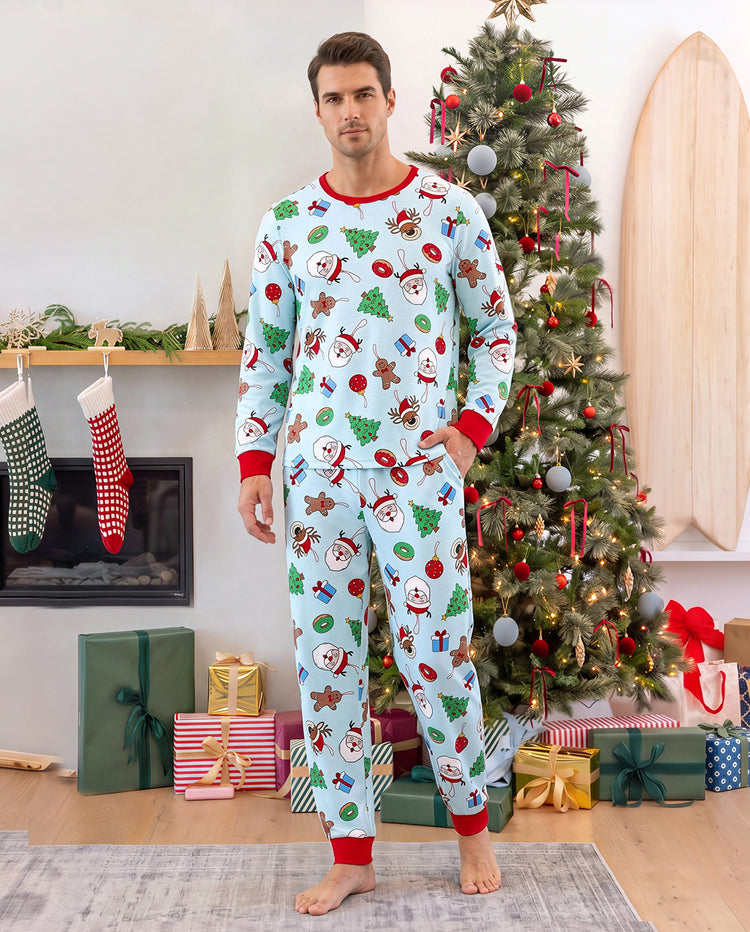 Pyjamas de Noël assortis pour toute la famille, imprimé Père Noël et sapins, vert