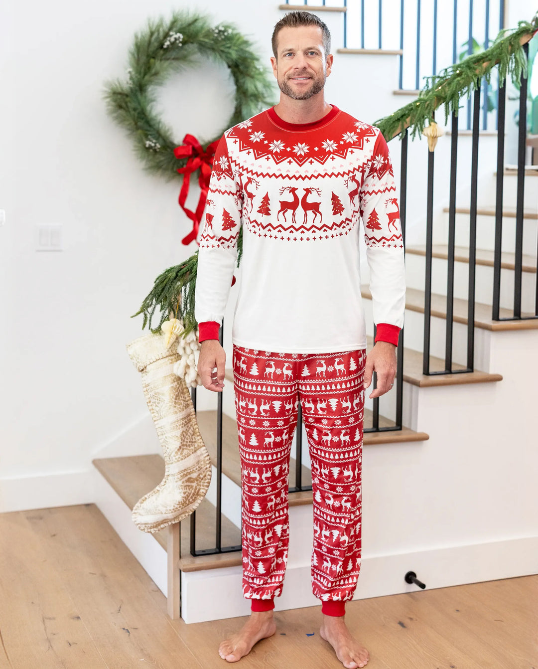 Family Matching Christmas Pajamas Fair Isle & Reindeer Print Red