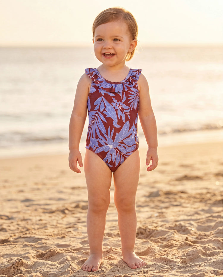 Toddler Girl Tropical Leaf Print Swimsuits Cutout One-Piece Blue
