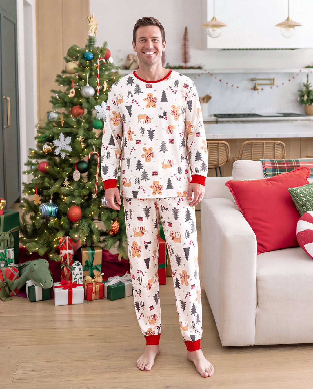PatPat Family Matching Christmas Pajamas Christmas Tree & Gingerbread Print Cotton Cream