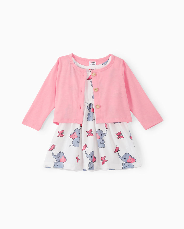 Ensemble 2 pièces pour bébé fille avec cardigan rose et robe à imprimé éléphant