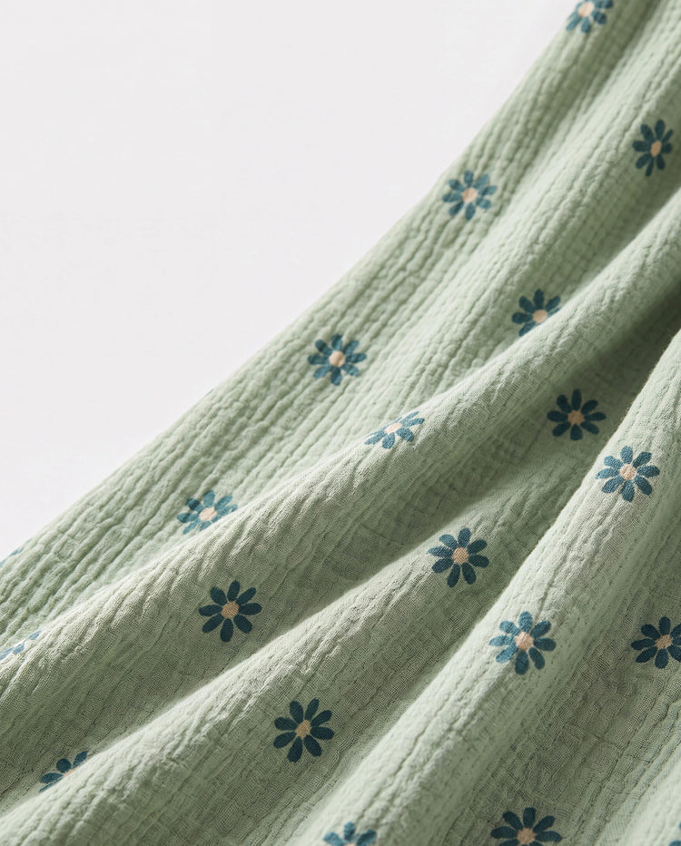 Vestidos de algodón floral para niñas pequeñas/niñas con botones, fruncido, tirantes florales y volantes con lazo, perfectos para salidas familiares y fotos de verano Verde pálido