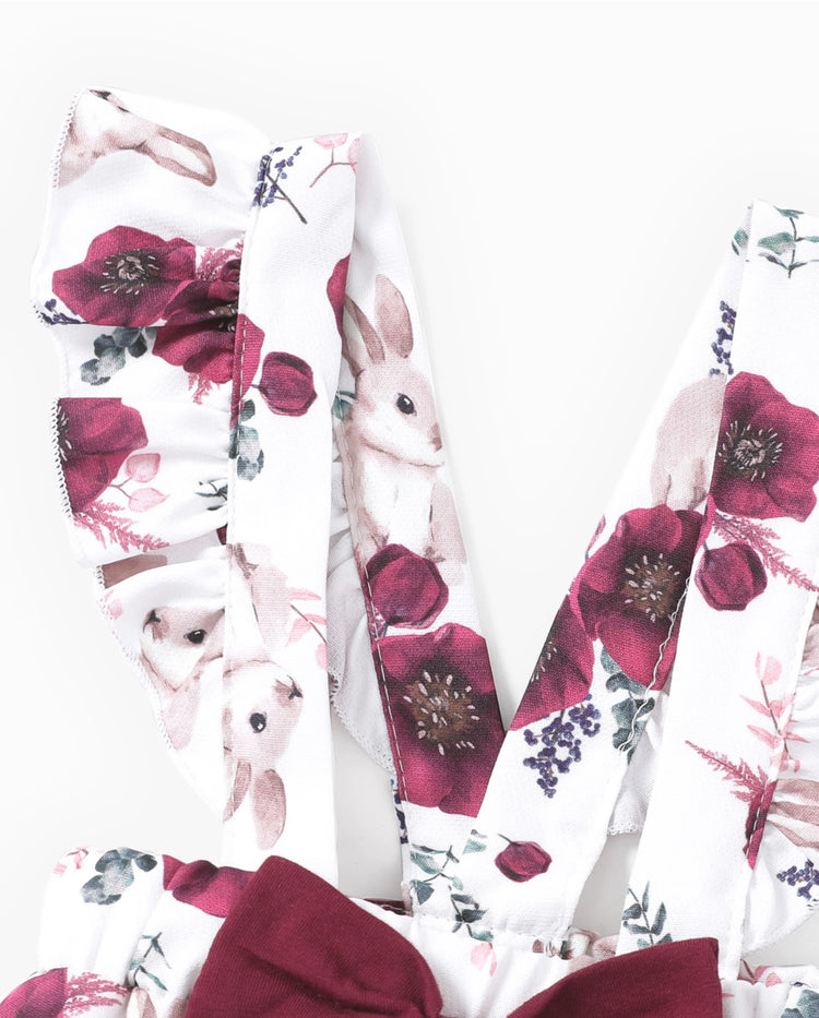 Baby Girl 3pcs Sweet Solid Romper and Floral Print Ruffled Overalls with Headband Set Burgundy