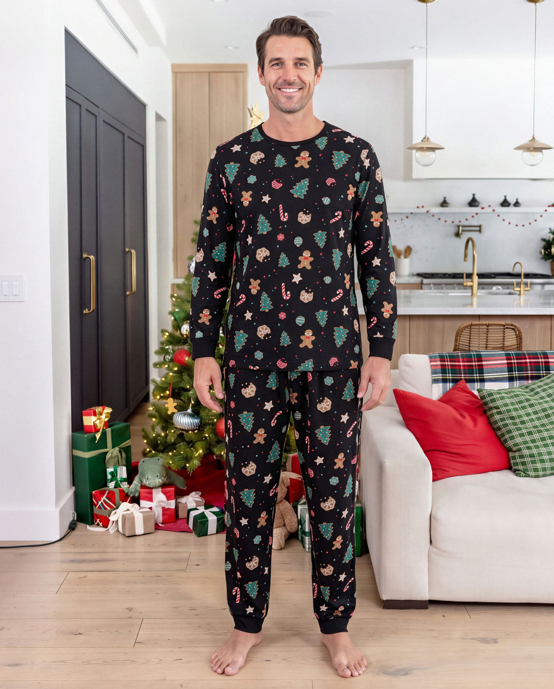 Christmas Matching Family Pajamas Cotton Xmas Tree Print Black