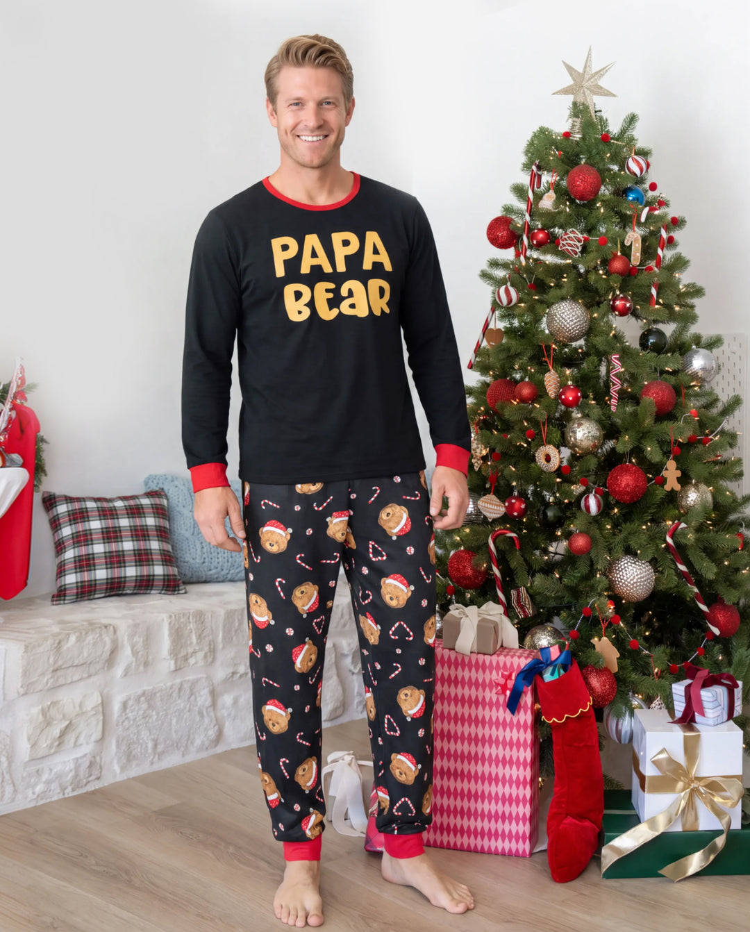 Pyjamas de Noël assortis pour la famille, imprimé ours, noir