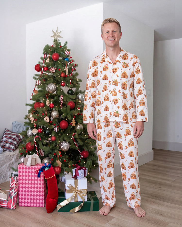 Christmas Matching Family Pajamas Gingerbread House Print Brown