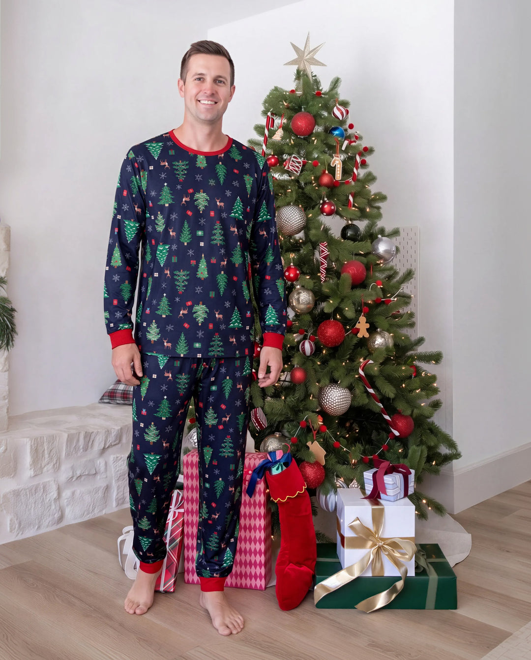 Christmas Matching Family Pajamas Xmas Tree Print Navy
