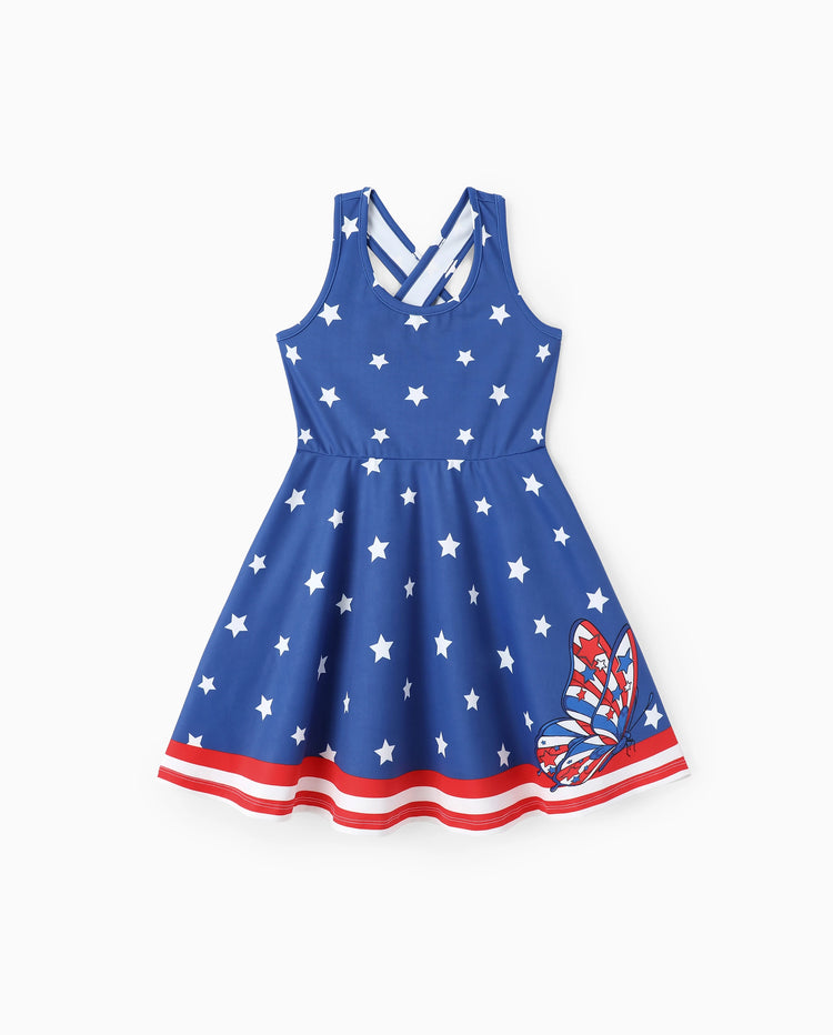 Robe sans manches décontractée pour tout-petites filles, imprimé patriotique cerise/étoile, bleu foncé