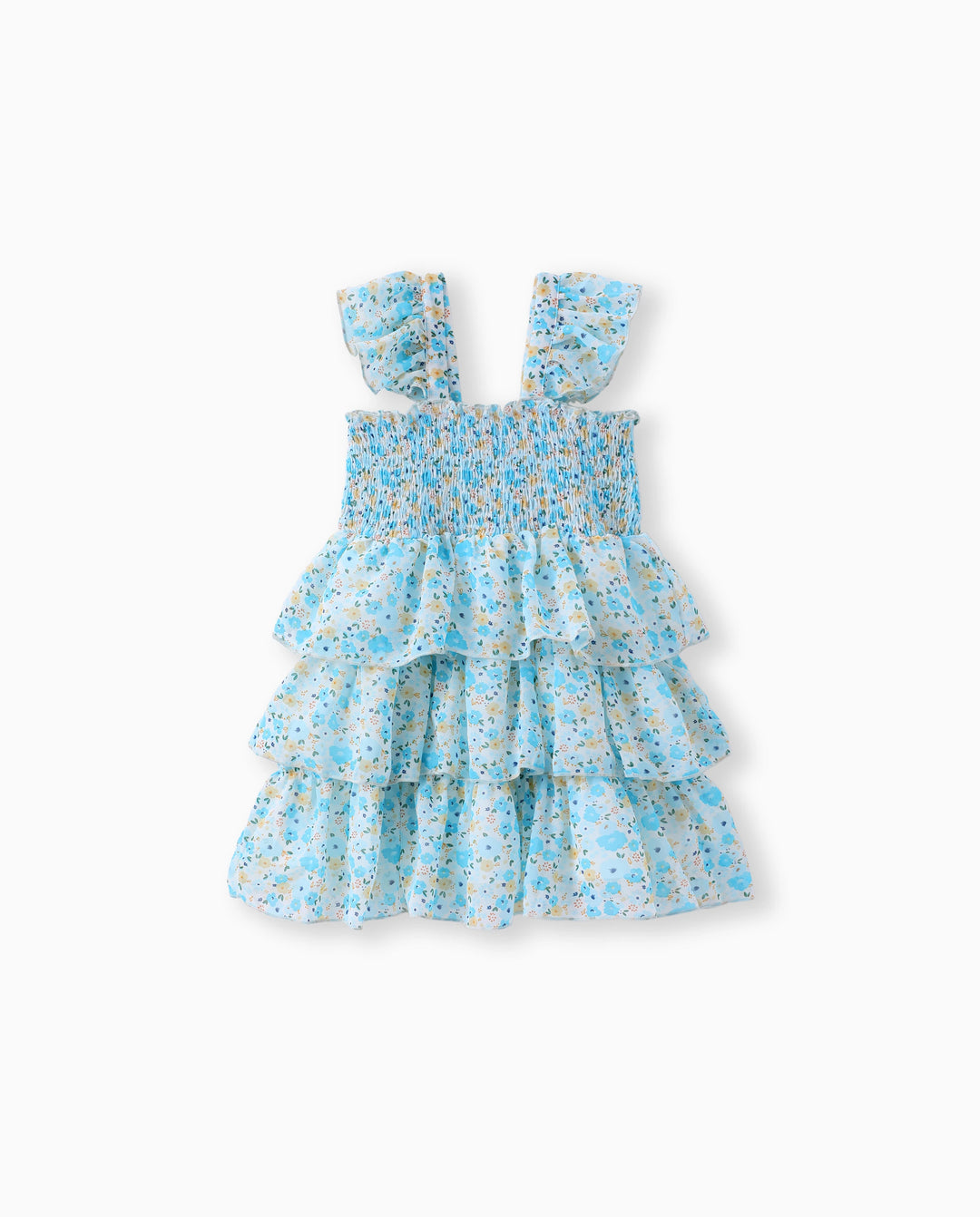 Kleinkind Mädchen süßes gesmoktes ärmelloses Kleid mit Blumendruck blau