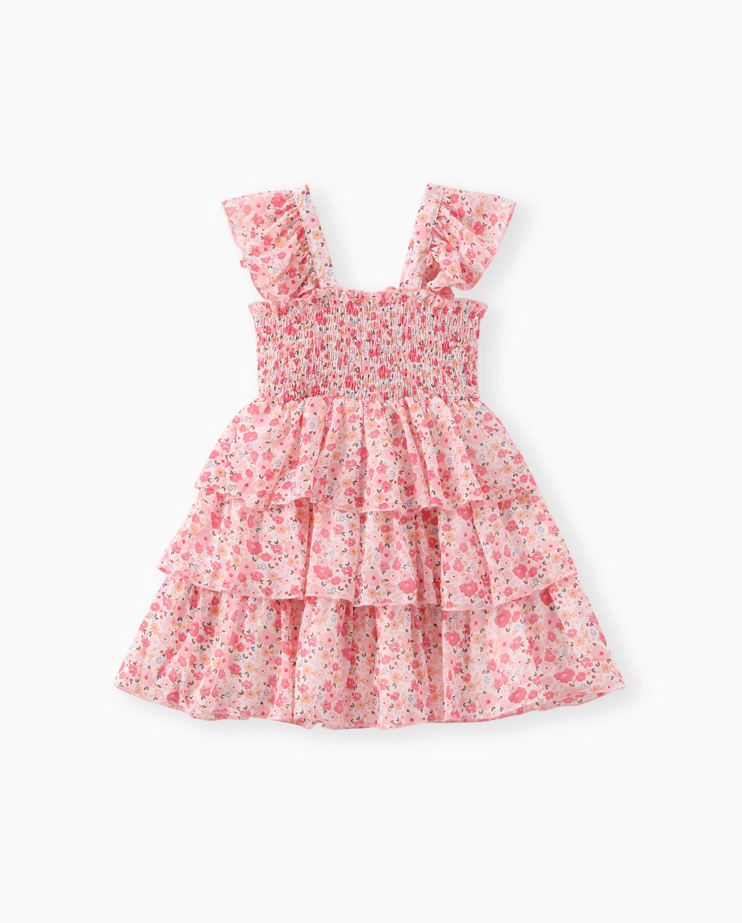 Kleinkind Mädchen süßes gesmoktes ärmelloses Kleid mit Blumendruck rosa