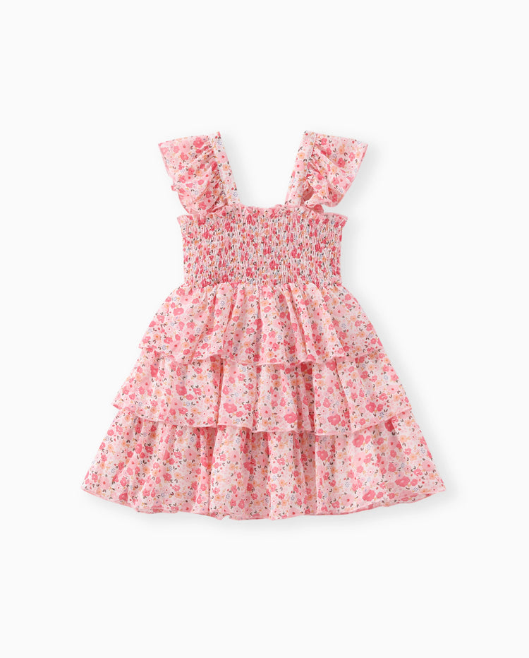 Robe à volants et smocks sans manches à imprimé floral pour petite fille, rose