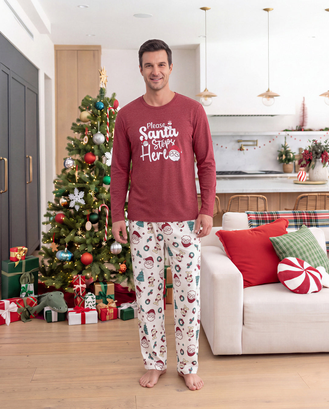 Christmas Matching Family Pajamas Santa & Xmas Tree Print Pink