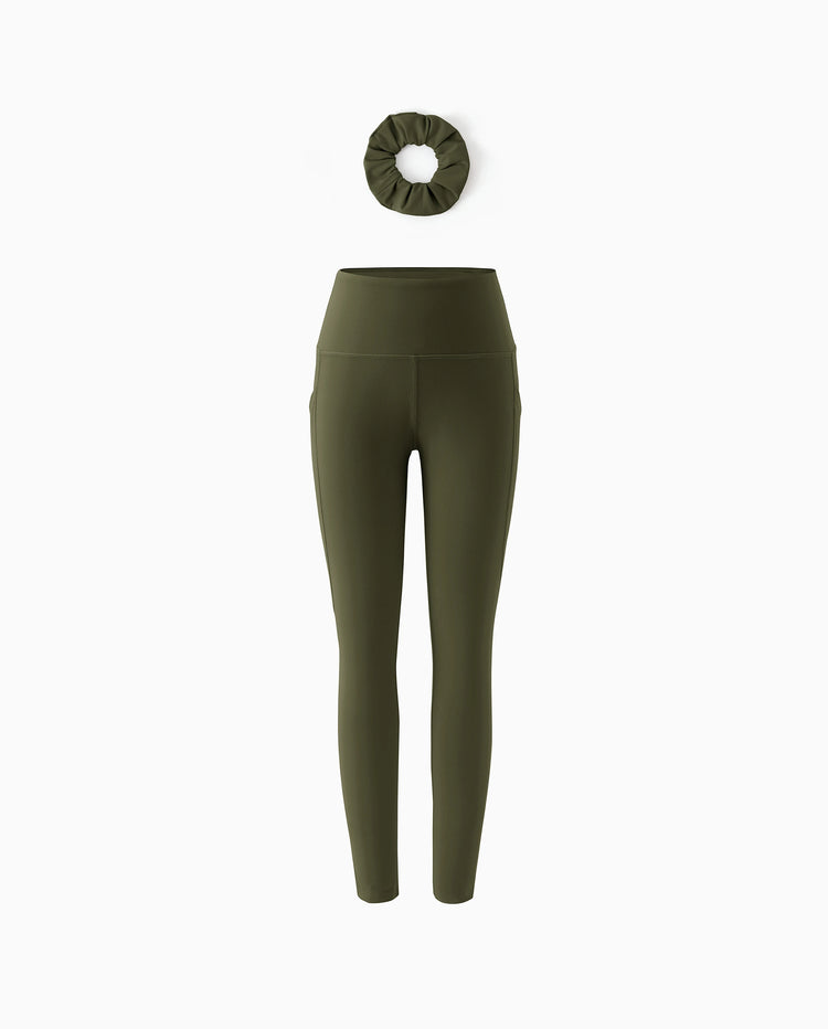 Sportliche ausgestellte Yogahose für Mädchen mit hoher Taille Einfarbige Leggings mit passendem Haargummi Armeegrün