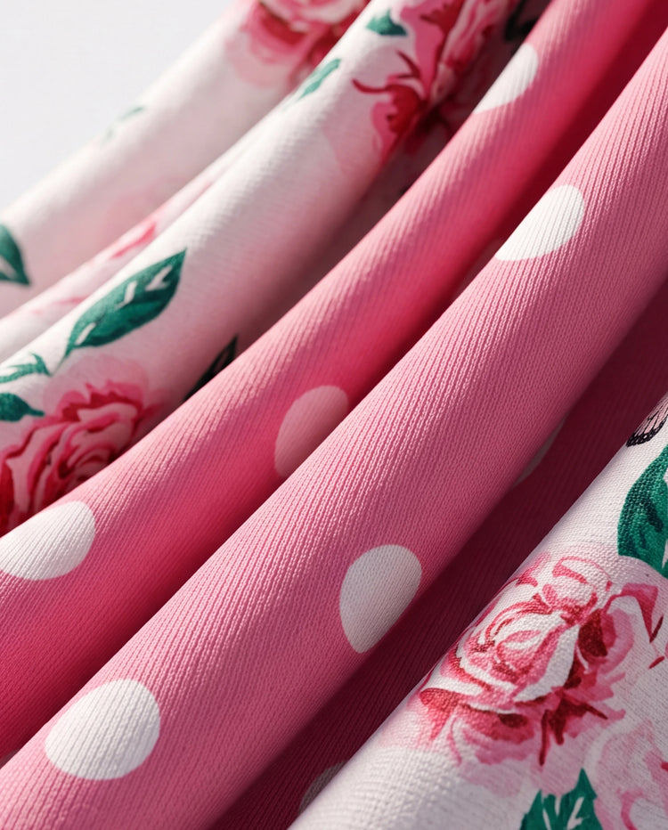 Conjunto de 2 piezas para niña pequeña con estampado floral, diseño de lazo, volantes, camiseta sin mangas de corte alto y pantalón de lunares, color rosa