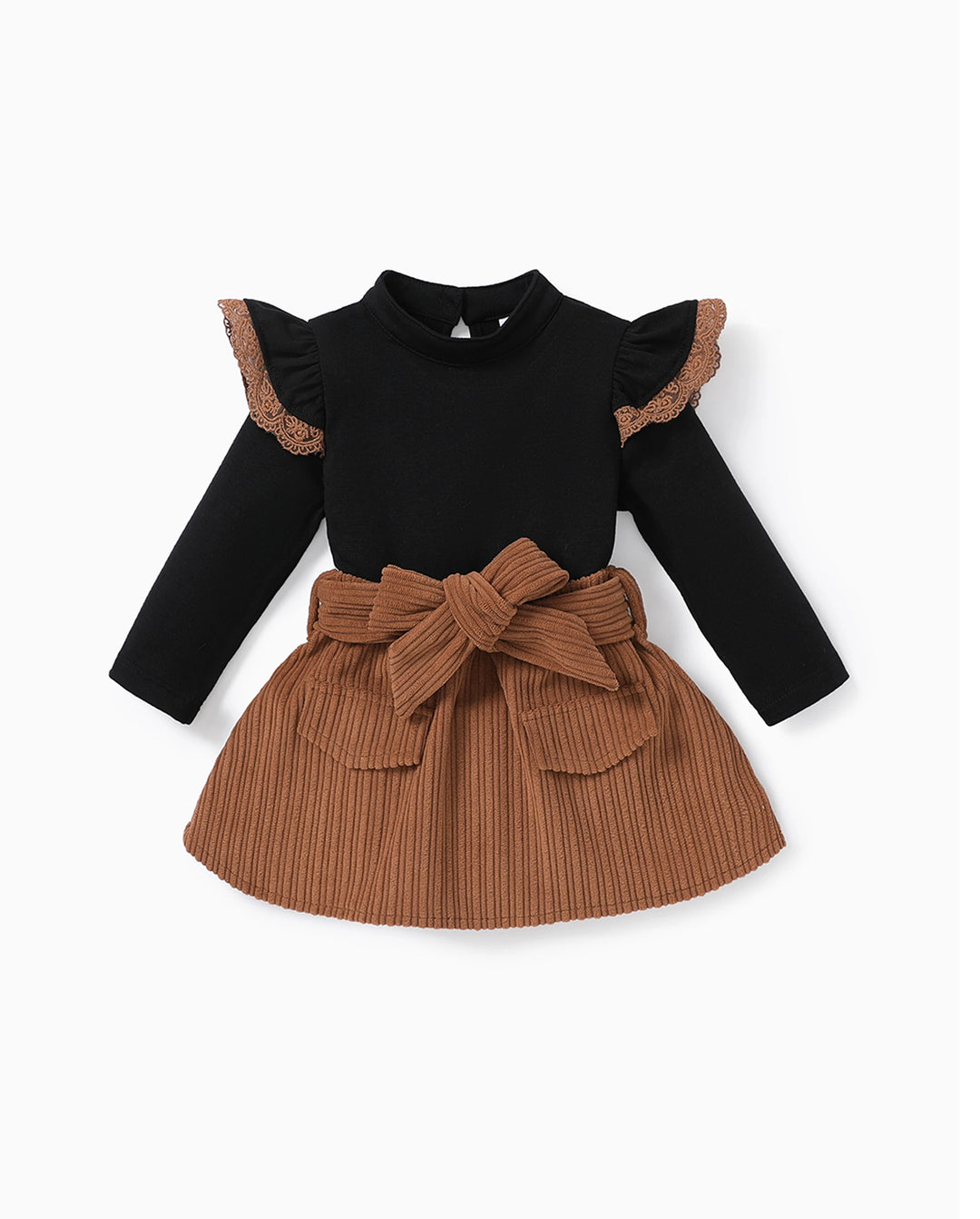 Ensemble 2 pièces pour bébé fille, haut à manches longues en dentelle et robe à ceinture, couleur unie, marron