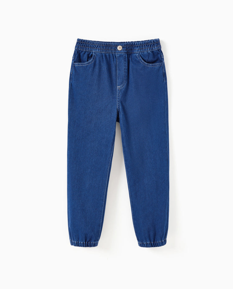 Pantalones vaqueros para niños con cintura elástica, suaves, elásticos y cómodos, para uso diario, con bolsillos, color azul oscuro