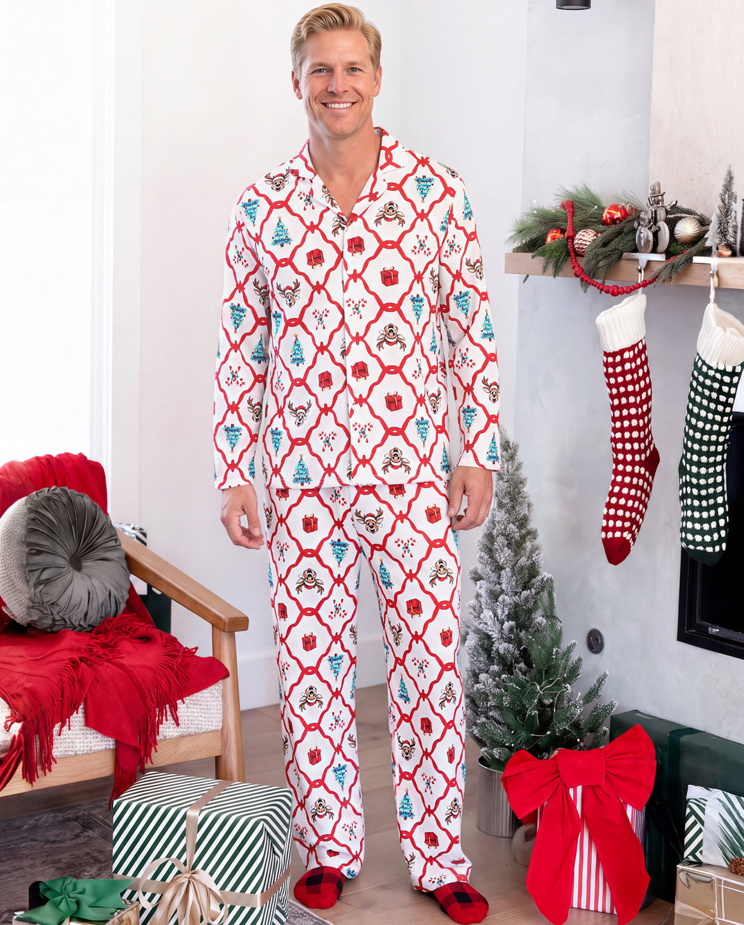 Pyjamas de Noël assortis pour toute la famille, imprimé rennes et sapins, rouge