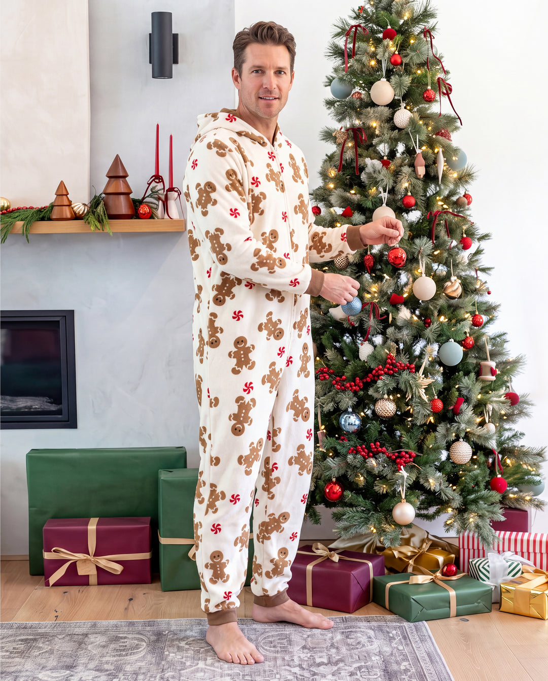 Pyjama de Noël assorti pour toute la famille, imprimé pain d’épice, combinaison en polaire corail