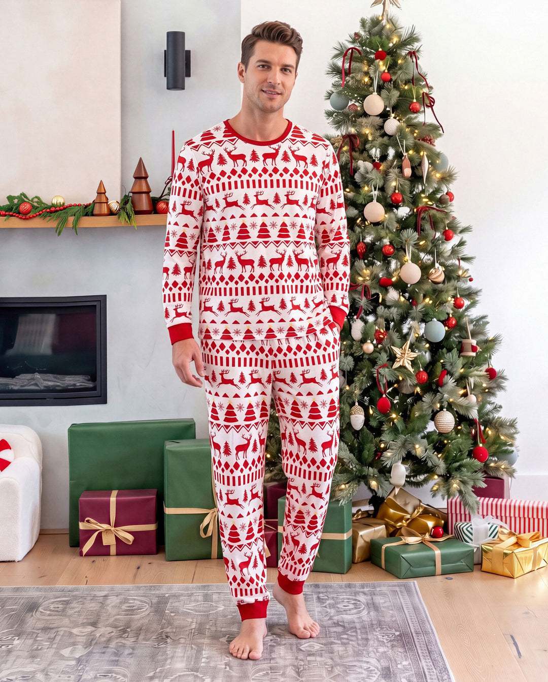 Pijamas navideños a juego para toda la familia, estampado de Fair Isle y reno, rojo