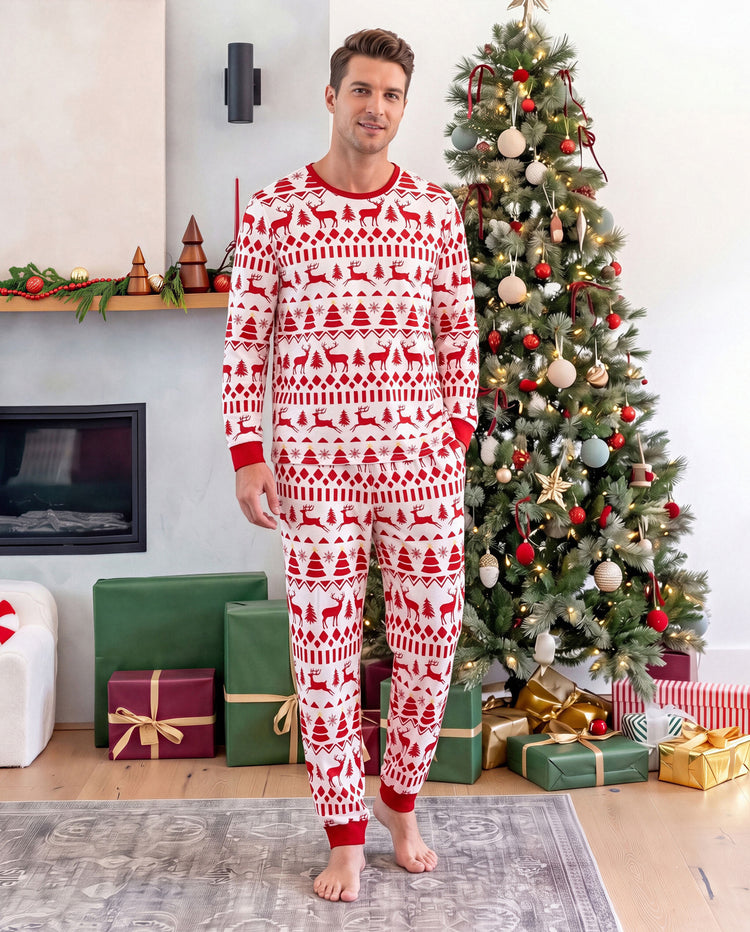 Pijamas navideños a juego para toda la familia, estampado de Fair Isle y reno, rojo