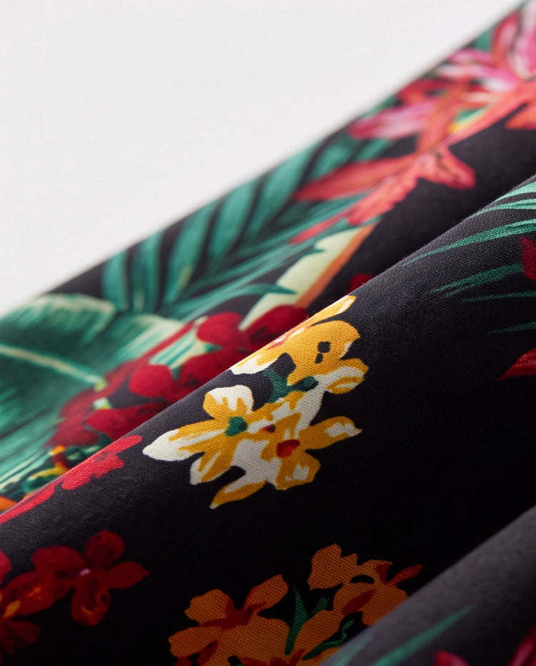 Conjuntos familiares a juego para mamá y yo Vestidos halter con estampado floral de plantas por completo y conjuntos de camisas de manga corta Negro