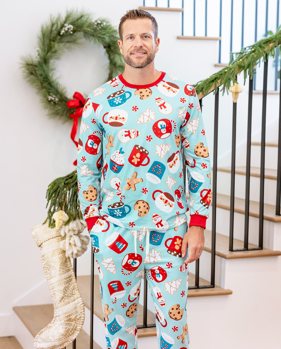 Family Matching Christmas Pajamas Mug & Gingerbread Print Blue Plus Size