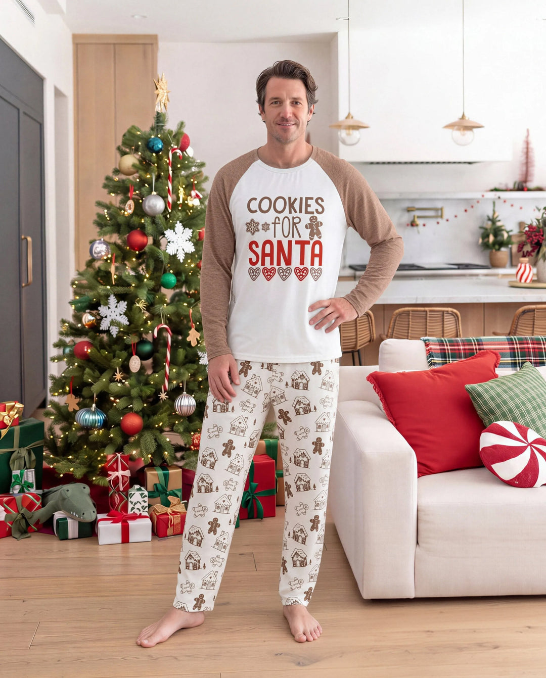 Christmas Matching Family Pajamas Gingerbread Print Brown
