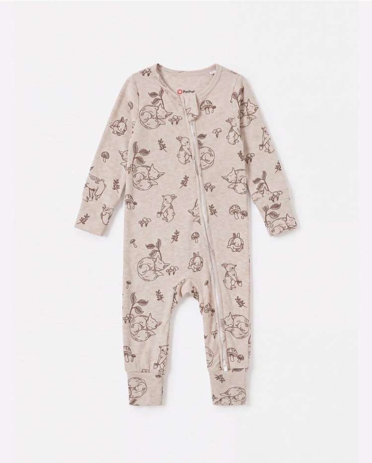 Pyjama bébé garçon/fille en laine à imprimé végétal, fermeture éclair, coupe ajustée, abricot