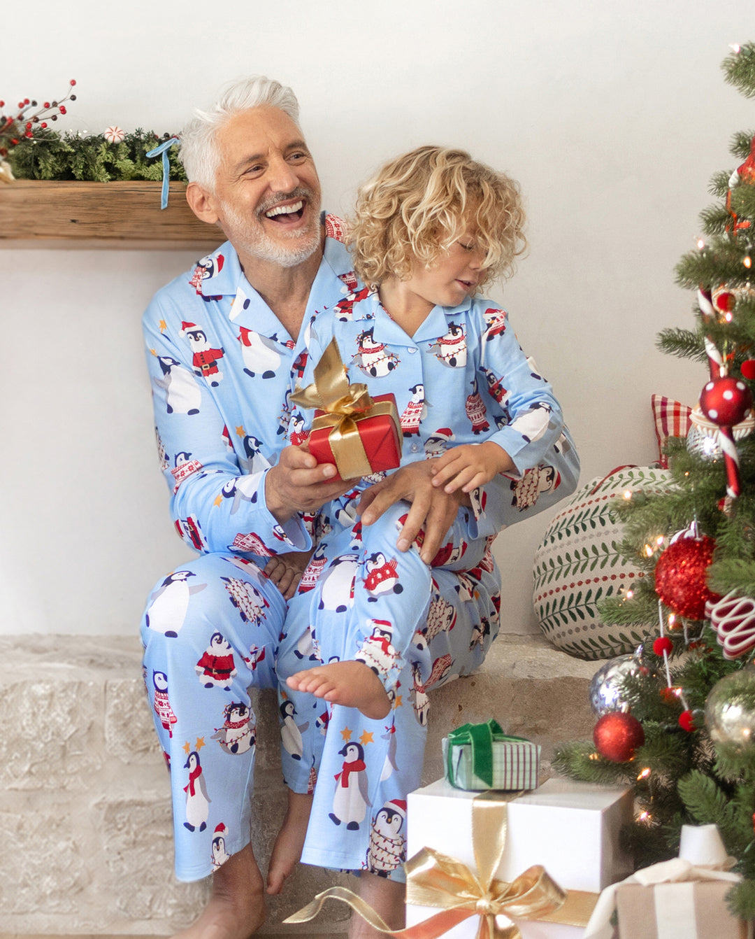 Weihnachts-Pyjamas im Familien-Partnerlook, Pinguin-Print, Blau