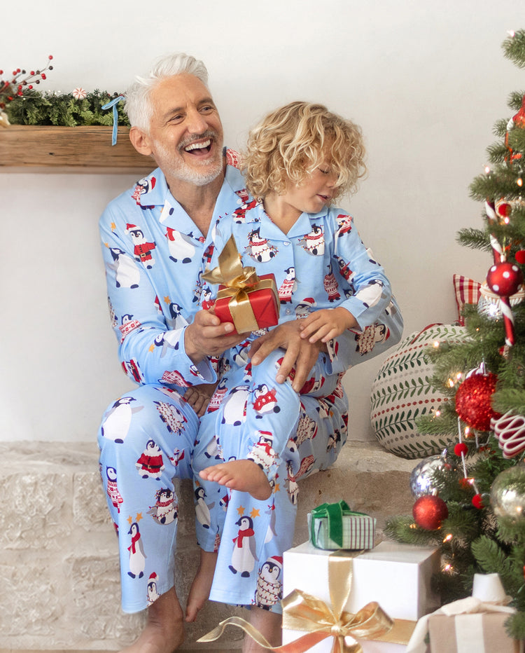 Weihnachts-Pyjamas im Familien-Partnerlook, Pinguin-Print, Blau