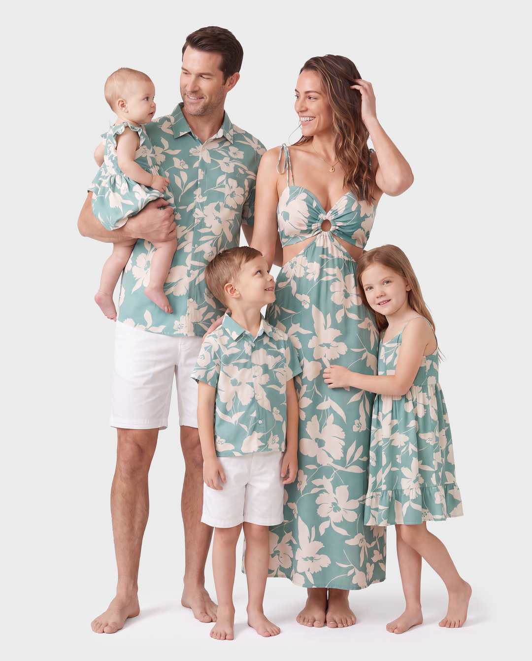 Family Matching Leaf Print Green Short-sleeve Shirt or Sling Shirred Dress Set Green