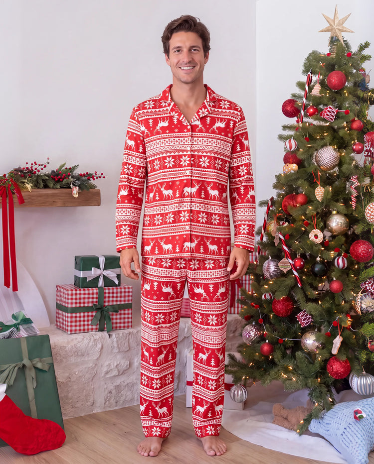Christmas Matching Family Collared Pajamas Fair Isle Print Red