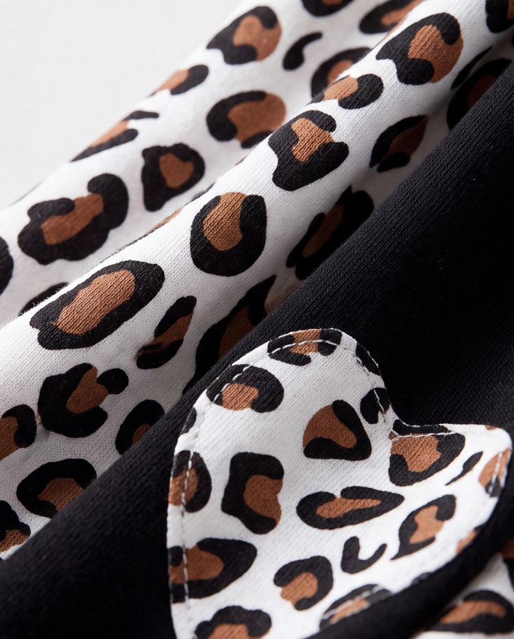 2-piece Toddler Girl Leopard Print Flutter Long-sleeve Top and Heart Pattern Pants Set Black
