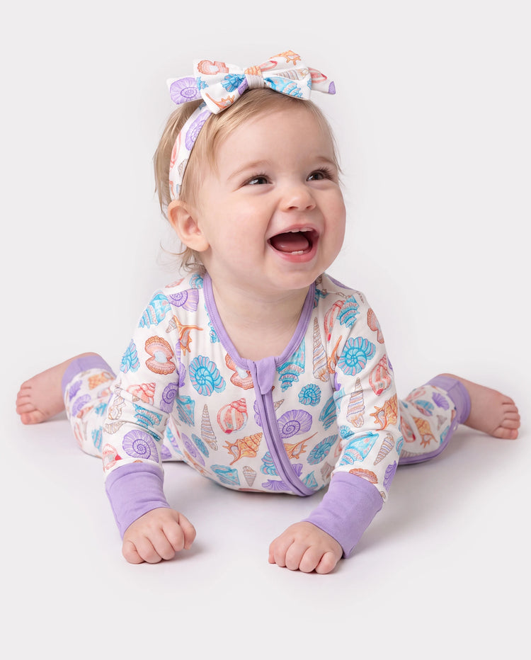 Bamboo Baby Girl Elegant Printed 2-Way Zip Onesies Anti-Rutsch-Langarm-Footie mit Haarband Lila
