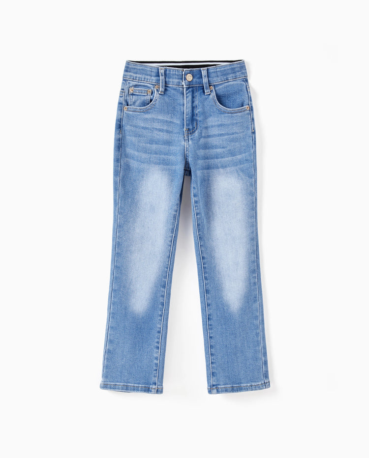 Kids Pull On Elastic Waist Denim Jeans Soft Stretch Comfortable Everyday Pants with Pockets Light Blue