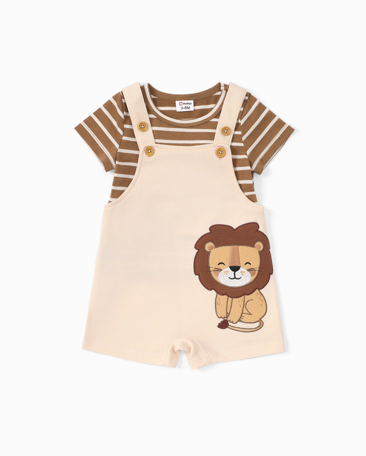 Baby Boy 2pcs Stripe Pattern Tee and Lion Print Overalls Shorts Set Khaki